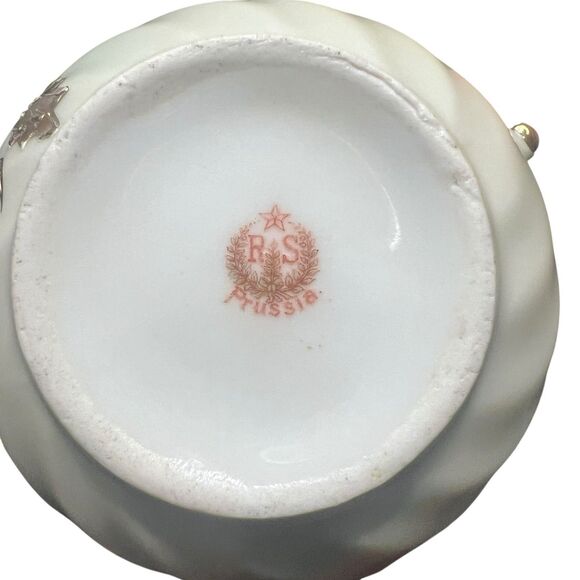 Antique PRUSSIA GERMANY Porcelain Green White Flower Raised Gold Leaves Tea Cup - Picture 8 of 8